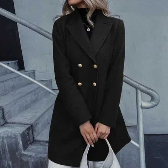 Black Double Breasted Lapel Collar Button Up pocketed Overcoat - Picture 3 of 9